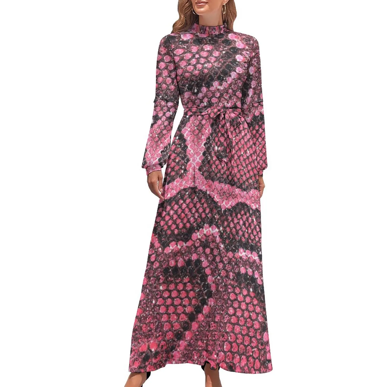 Snakeskin Print Dress Long Sleeve Pink Animal Scales Elegant Maxi Dress High Neck Basic Graphic Bohemia Long Dresses Gift Idea