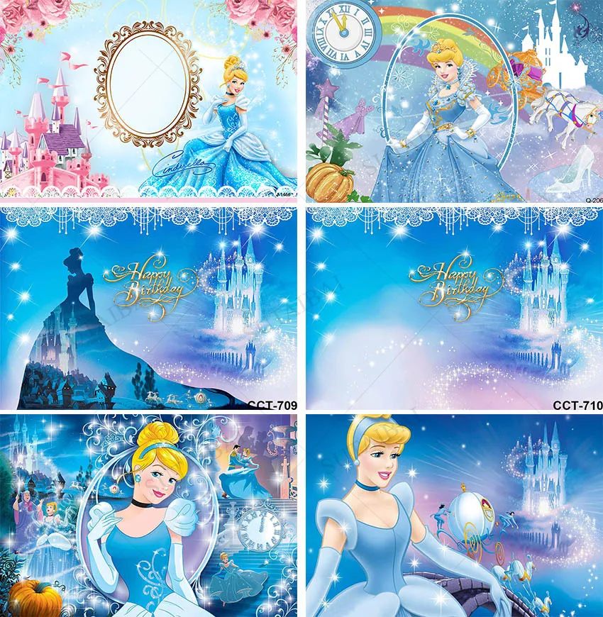 Disney Blue Dress Blonde Princess Backdrop Girls Birthday Party Decor Photo Background Cinderella Banner Baby Shower Photocall