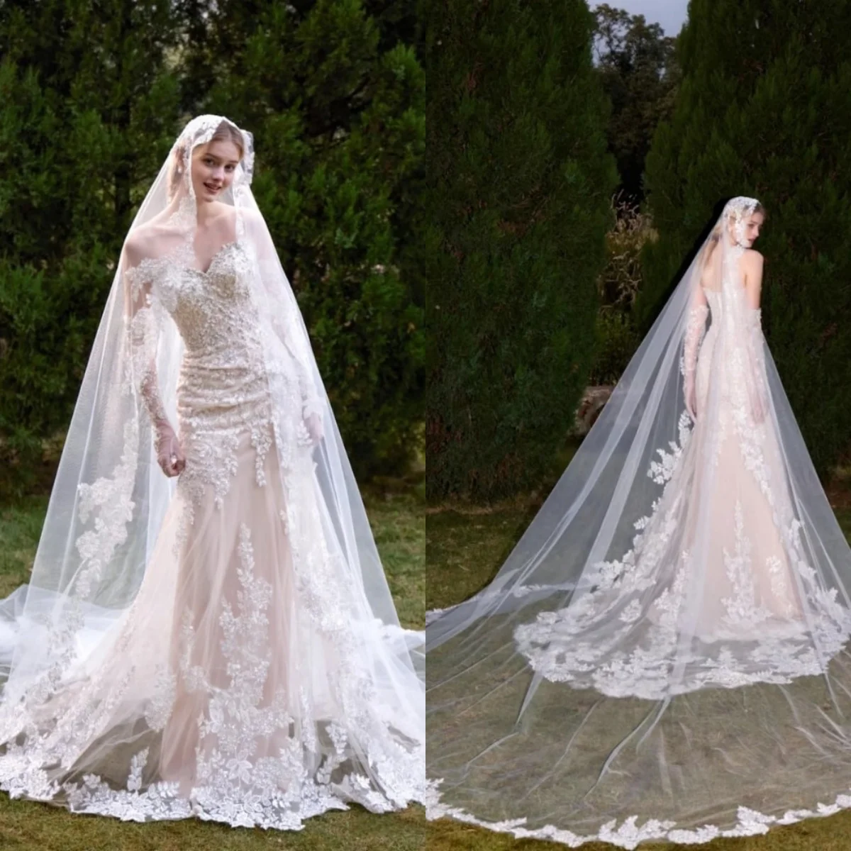 

Custom 2026 Luxury Lace Mermaid Wedding Dress with Detachable Train Sparkling Crystal Beading Cathedral Train Bridal Gown