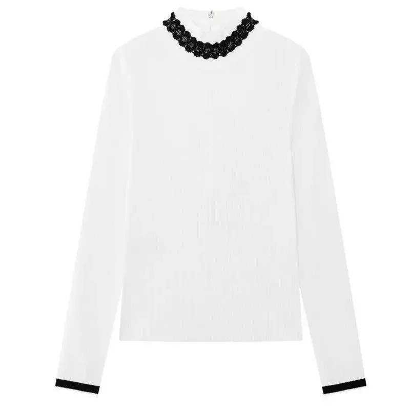 Women Fall Winter Golf 2 Pieces Set Lace Turtleneck Knit Top Pleated Skirt Slim Sports Golf Outfit