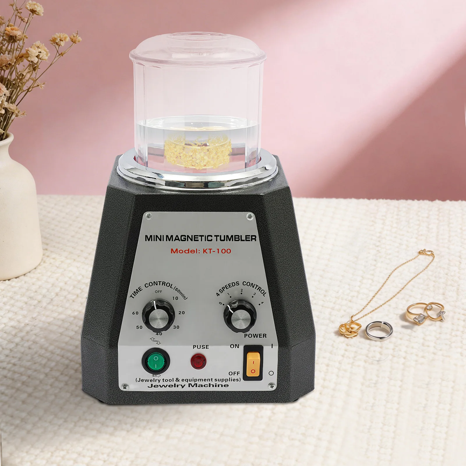 110V 0.2KW KT-100 Magnetic Tumbler Pin Mini Polishing Machine Jewelry Polisher Bucket Jewellery Tools Rotary Cleaning Deburring Finishing