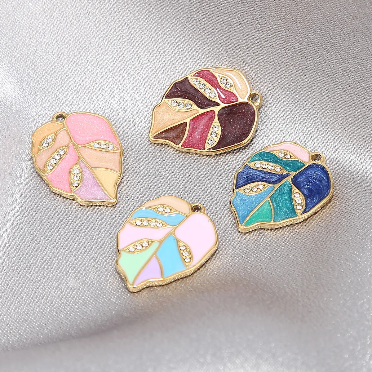 

4pcs/lot Stainless Steel Gold Plated Enamel Leaves Charms Rhinestones for DIY Earrings Necklace Jewelry Making Pendant Supplies