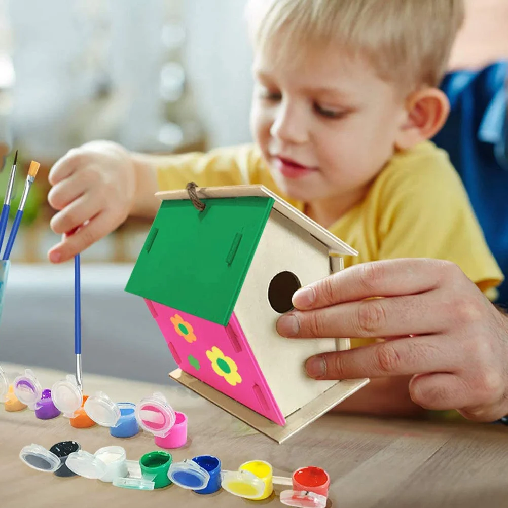 1 مجموعة Diy بها بنفسك خشبية بيت الطيور عدة غير مكتملة الحرفية للأطفال اللوحة الرياح الرنين حلية بناء الطلاء بيت الطيور قلادة