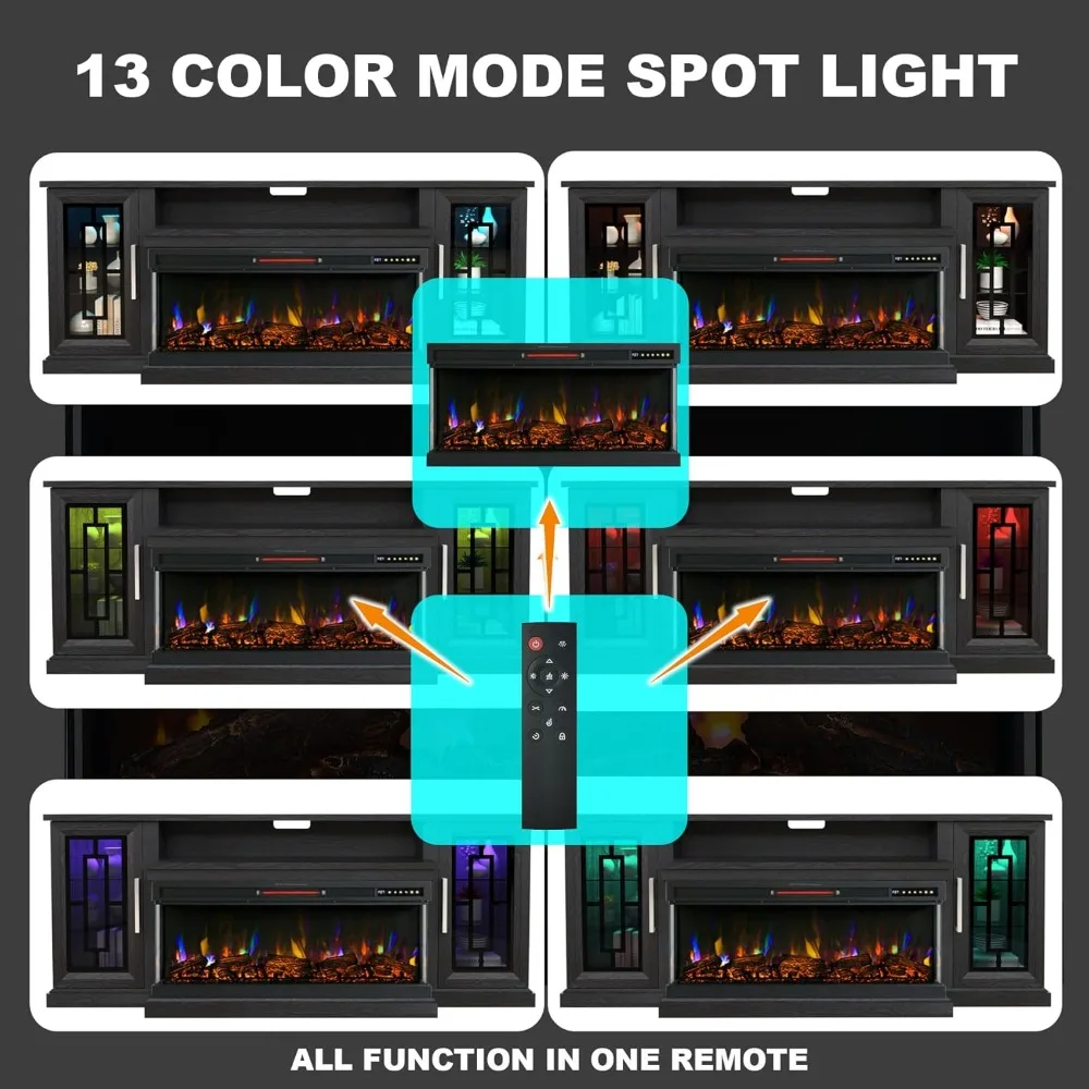 Suporte de TV com lareira elétrica de 75 polegadas, mesa console para TVs de até 80/85 polegadas, centro de entretenimento de mídia moderno LED de vidro de 3 lados