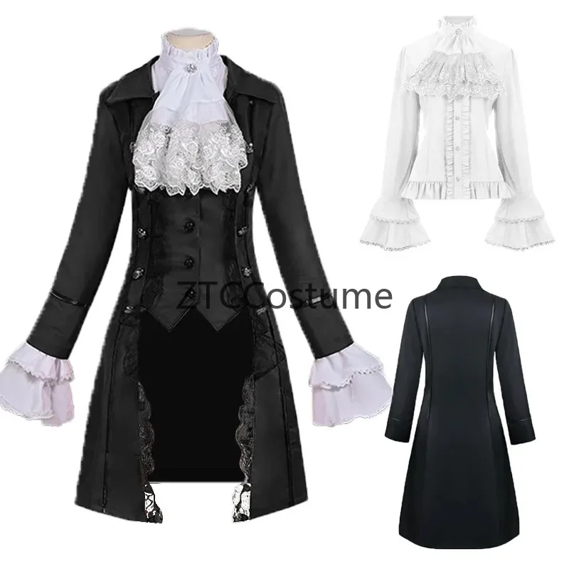 Victorian Steampunk Gothic Womens Lace Jabot Tie Blouse Jacket Coat Cosplay Medieval Costume view 4