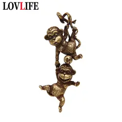 Antique Copper Monkey Figurines Keychain Pendant Lucky Cat Key Ring Hangings Jewelry Vintage Brass Cute Animal Funny Child Gifts