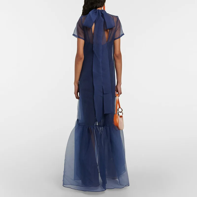 Abito da donna primaverile a metà collo alto in rete finto abito in due pezzi da ufficio elegante abito lungo con fiocco abito Boho pieghettato a maniche corte estivo