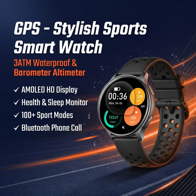 

Outdoor Smart Watch GPS Built-in 1.32" AMOLED Altimeter Barometer Compass 41g Ultra Light 3ATM 100+ Sports LED Flashlight Call