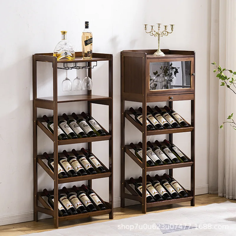 

European Style Bamboo Floor Bar Cabinet for Home Hotel Wine Rack Restaurant Storage Display Shelf Living Room Wine-bottle Holder