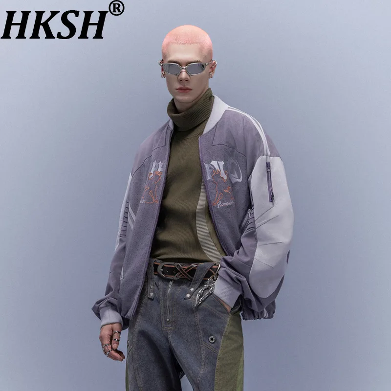 HKSH Spring Autumn New Men Contrast Color Patchwork Embroidered Zippers Design Jacket Trend Fashion Punk Streetwear Coat HK15933
