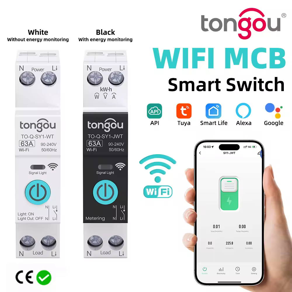 TUYA WIFI disyuntor inteligente medición de potencia 1P 63A carril DIN para hogar inteligente interruptor de Control remoto inalámbrico por aplicación TONGOU