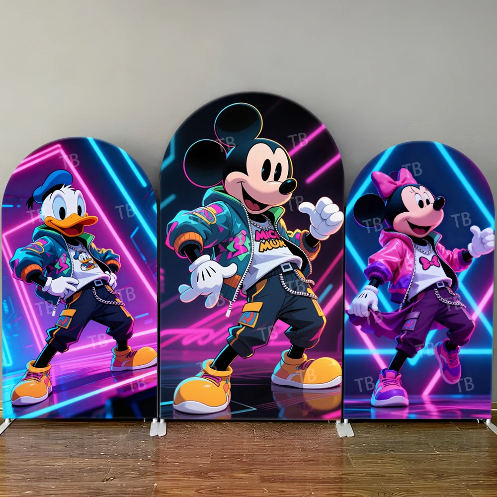 

Mickey Minnie Donald Duck Arch Backdrop Cover Neon Cyberpunk Hip Hop Outfit Trendy Photo Booth Props for Stylish Home Decoration