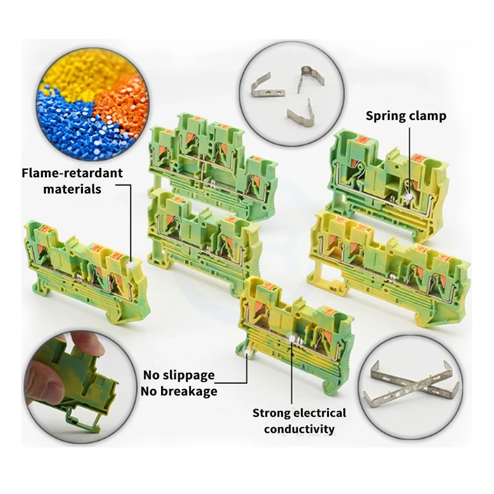 (10 pcs) PT2.5-PE Yellow-Green Spring-Loaded Grounding Rail Terminal Block PT4/6/10/16 Quick-Connect Tool-Free Plug-In Type