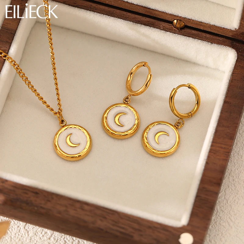 

EILIECK 316L Stainless Steel Round Moon Pendant Necklace Earrings Set For Women Trendy 18K Gold Plated Waterproof Jewelry Gift