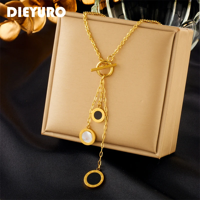 DIEYURO 316L Stainless Steel Round Roman Numeral Long Pendant Necklace For Women Girl New Trend OT Buckle Chain Jewelry Gifts