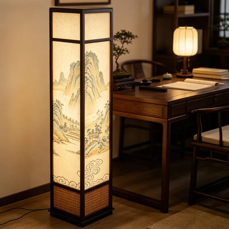 Solid wood floor lamp living room bedroom landscape painting fabric decorative lamp
