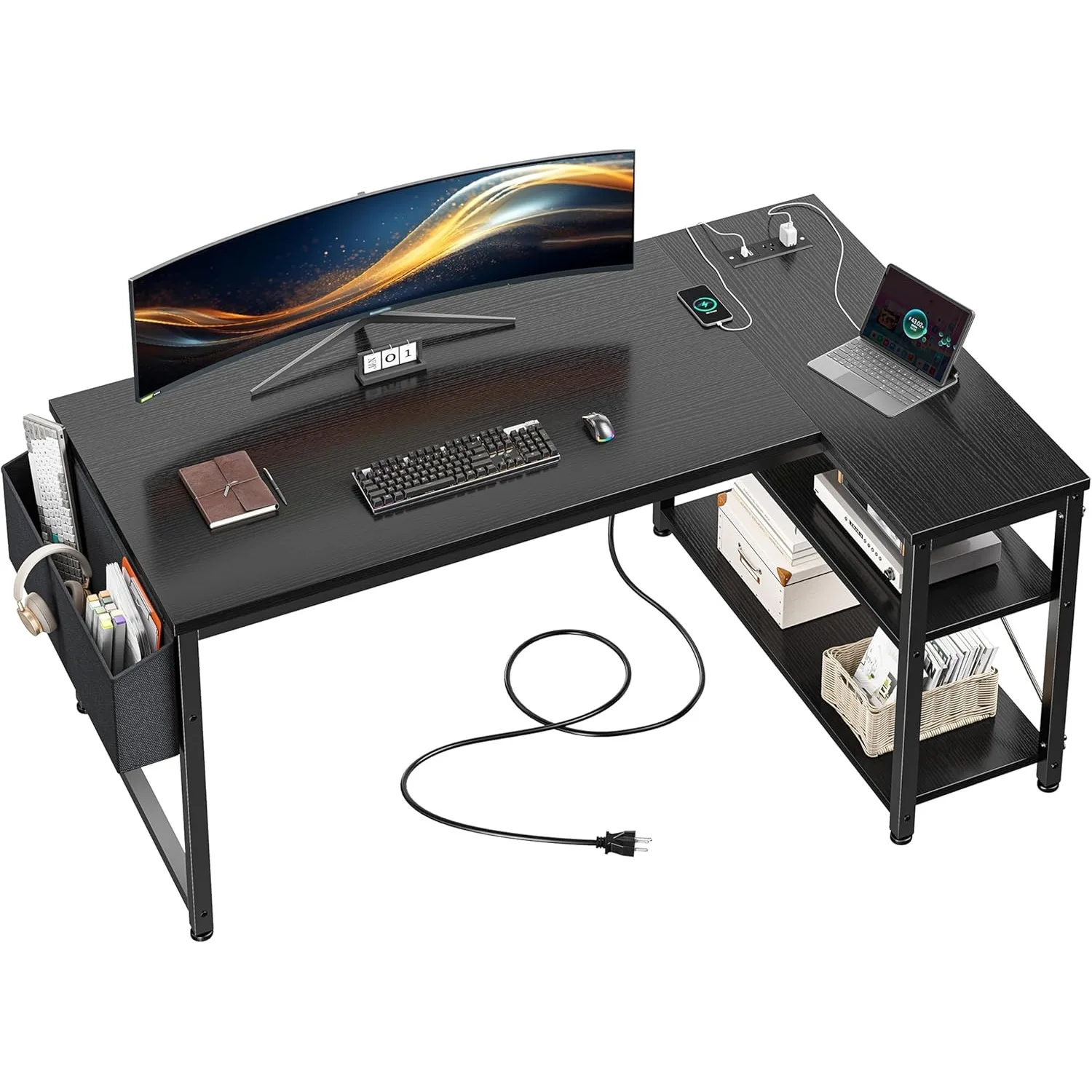 

48-дюймовый L-образный компьютерный стол с полкой для хранения и боковыми карманами, офисный стол с розеткой, для игрового домашнего офиса, спальни