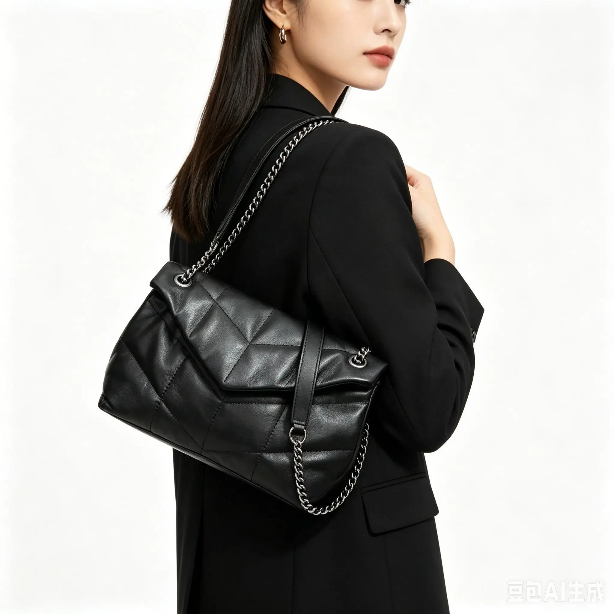 

Black quilted leather shoulder bag with diamond stitching, silver-tone chain straps, and a slouchy envelope flap.