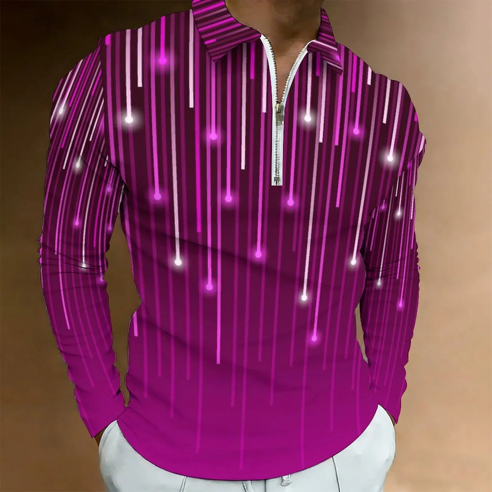 Men Print Half Zip Polo Shirt Long Sleeve Lapel Collar Casual Summer Mens Daily Tops Oversize