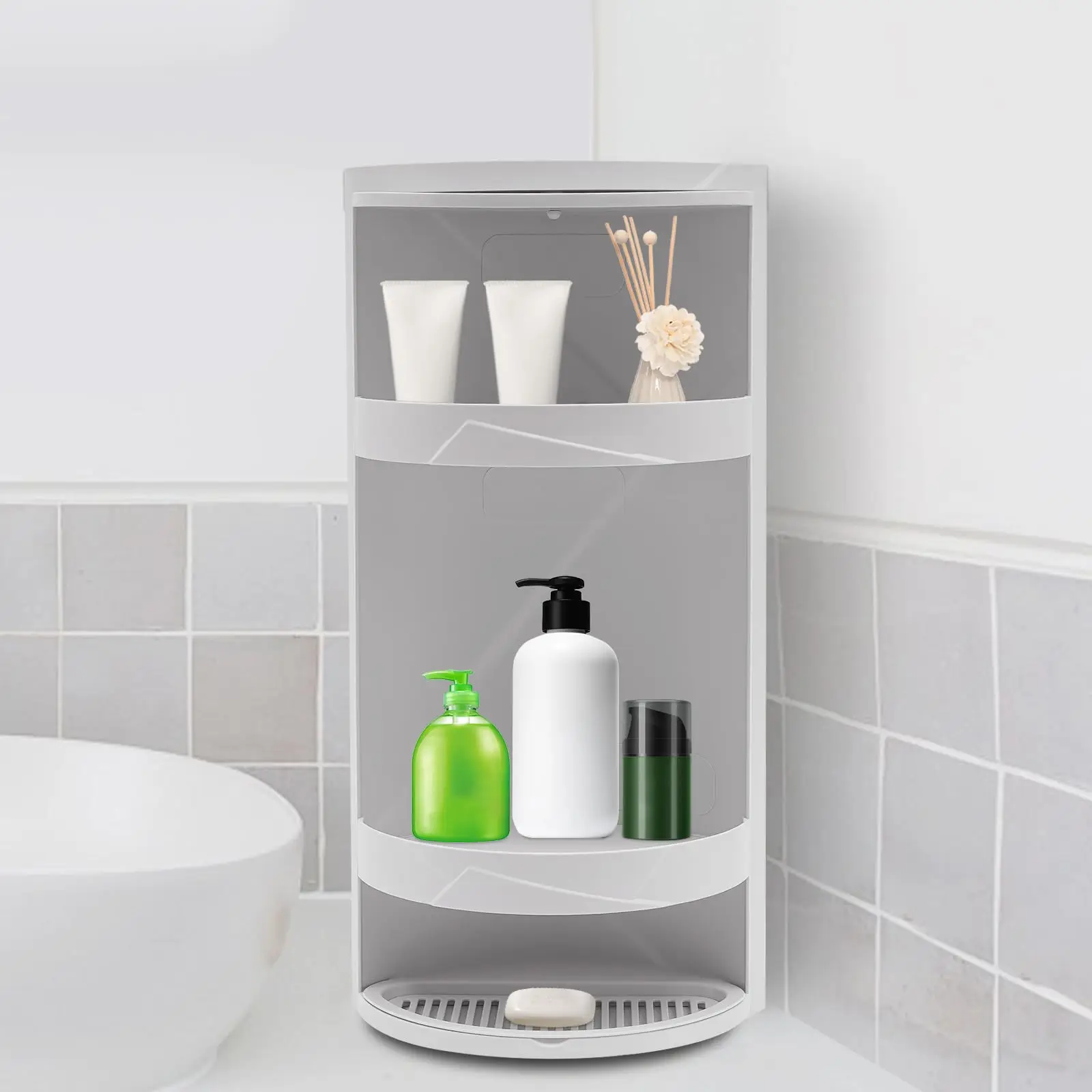 منظم زاوية الحمام، رف زاوية للحمام من 3 طبقات، خزانة حائط زاوية دوارة على سطح الطاولة، تنظيم حمام متعدد الوظائف #2