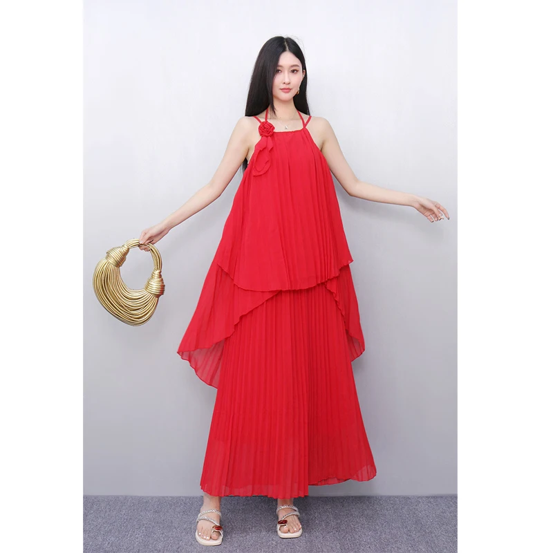 

2025 Spring Summer New Elegant Fashion Women Loose Pleated Chiffon Suspender Top Female Long Skirt Two-piece Set J996