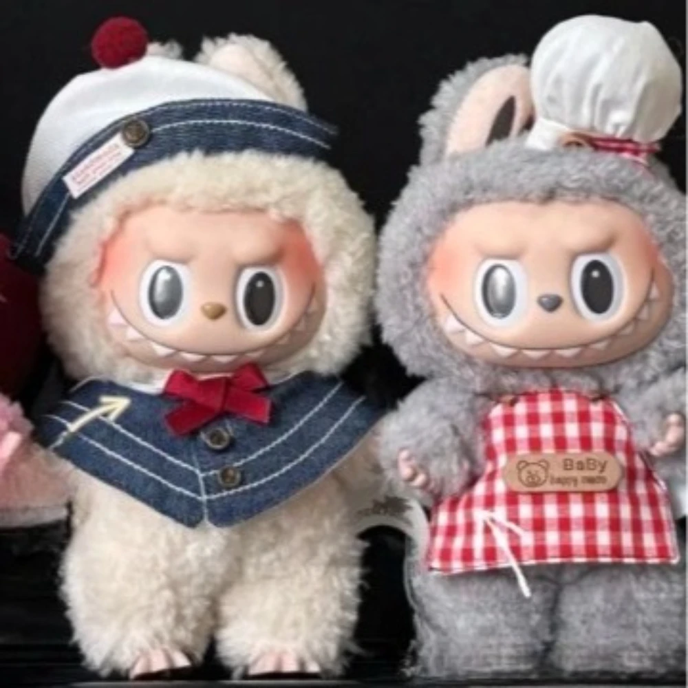 

15/17cm Labubu Clothing Chef and Sailor Set Retro Checkered Apron Dress Up Ribbon Hat Navy Cloak Doll Accessories