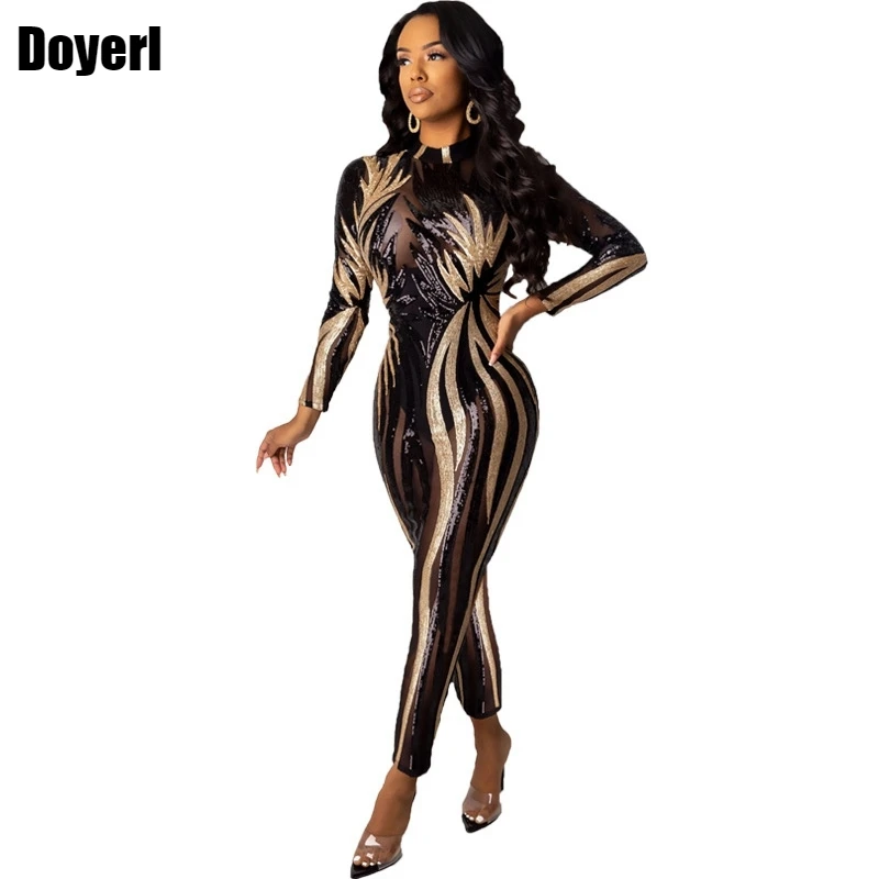 Black Sequin Jumpsuit Women Overalls Long Sleeve Sheer Mesh Glitter Party Club Jumpsuit Bodycon Sexy Rompers Womens Jumpsuits