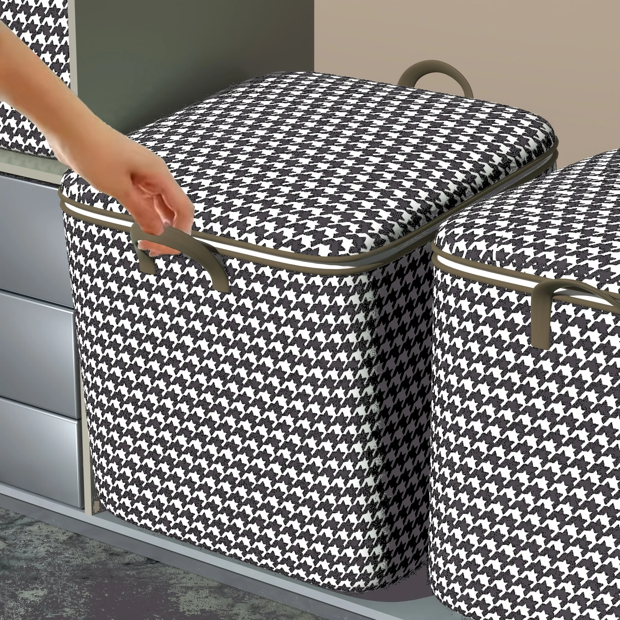 Large Capacity Dustproof Storage Bag Thickened Houndstooth Printing Zipper Organizer Wardrobe Blanket Box Container