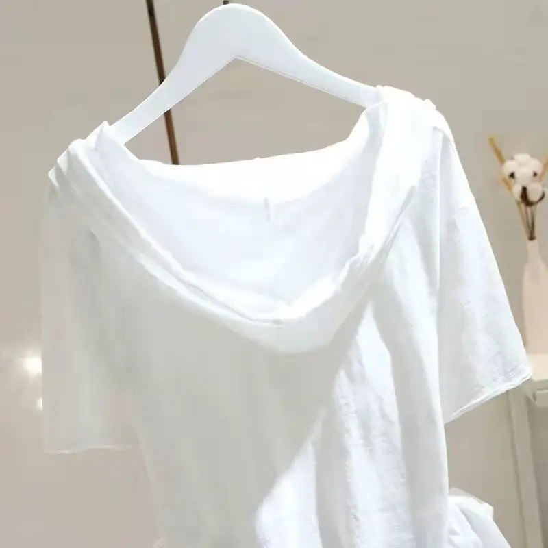 98% Cotton T Shirt Women Fashion Hooded Short-sleeved T-shirt 2024 Spring Summer Korean Style Loose Thin All-match Pullover Tops