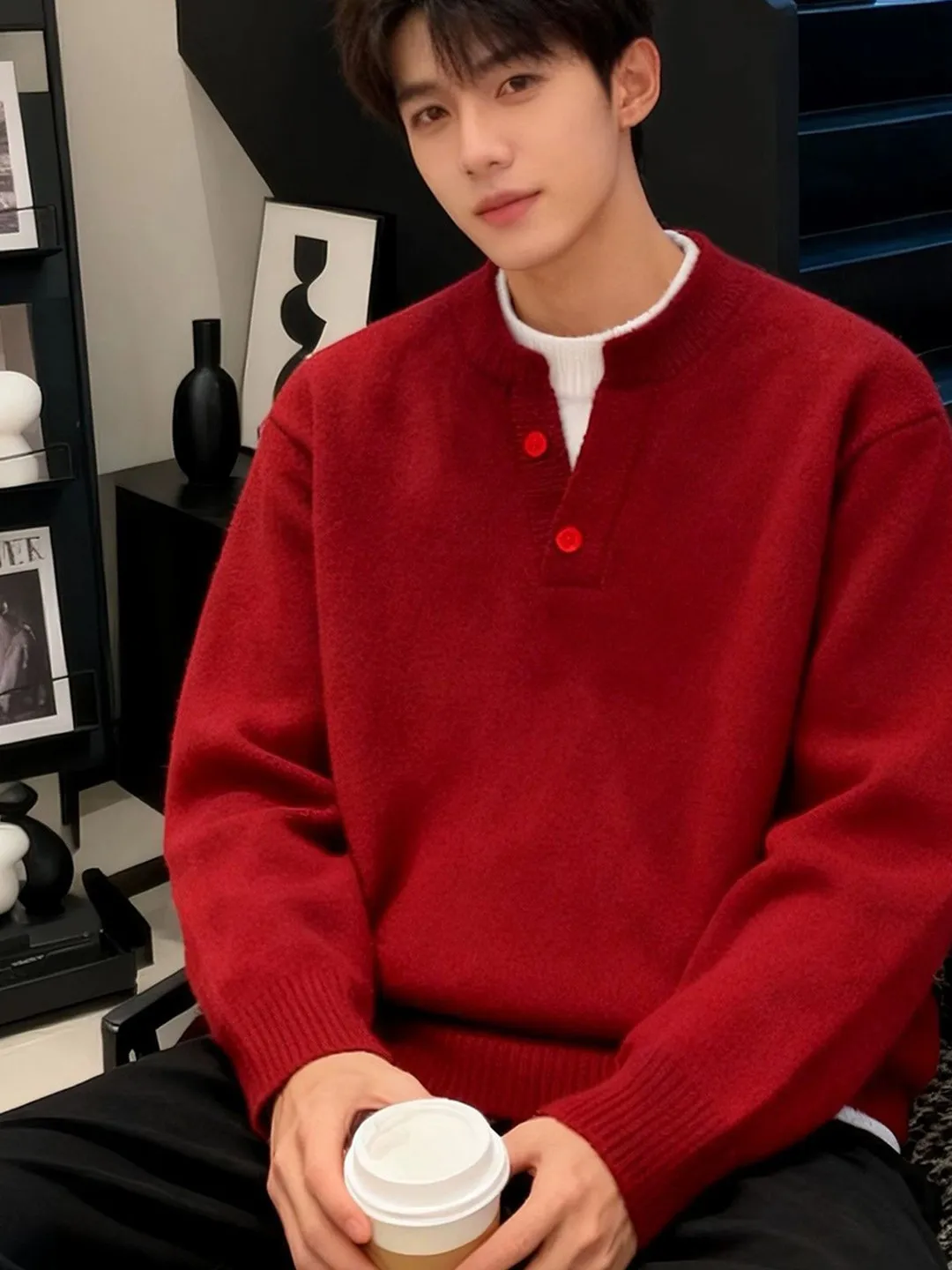 

Red Henry Collar Knitwear Men's Sle Spring New Year Couple Base irt round Ne Loose Fit Polyester Fiber Warmth Clothing