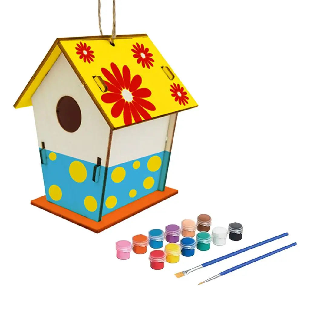 Kids DIY Birdhouse Kit Wooden Unfinished Puzzle with Paints and Brushes for Building Craft Educational Home Garden Decoration