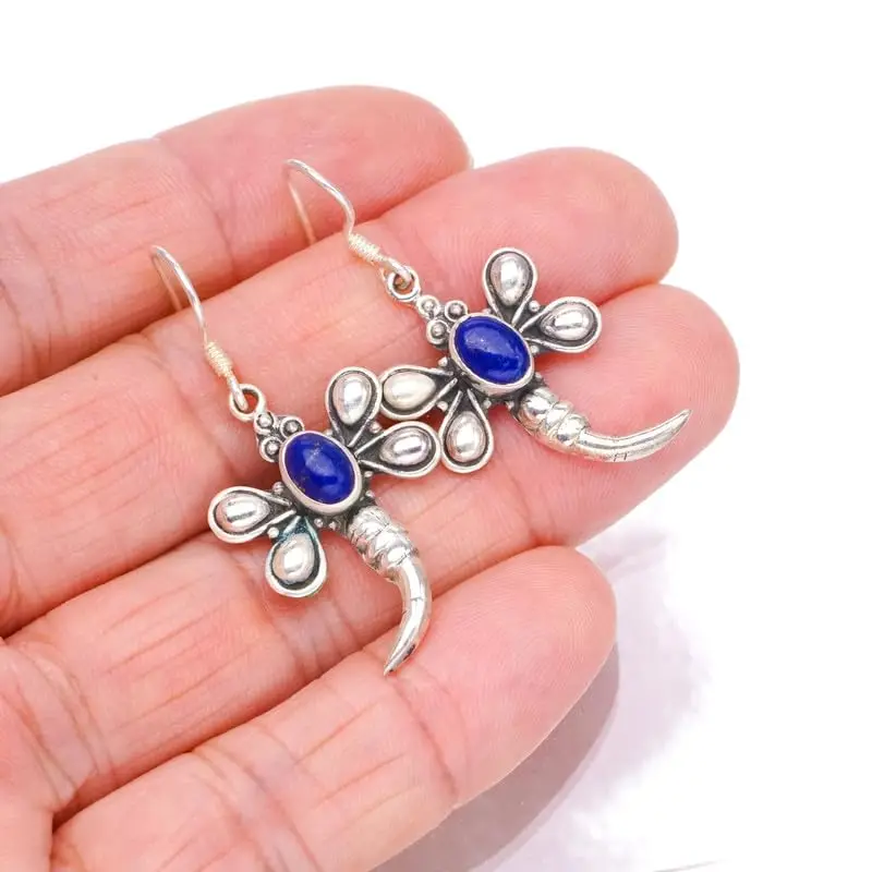 

StarGems Natural Lapis Lazuli&Butterfly Handmade 925 Sterling Silver Earrings 1 1/2" F6656