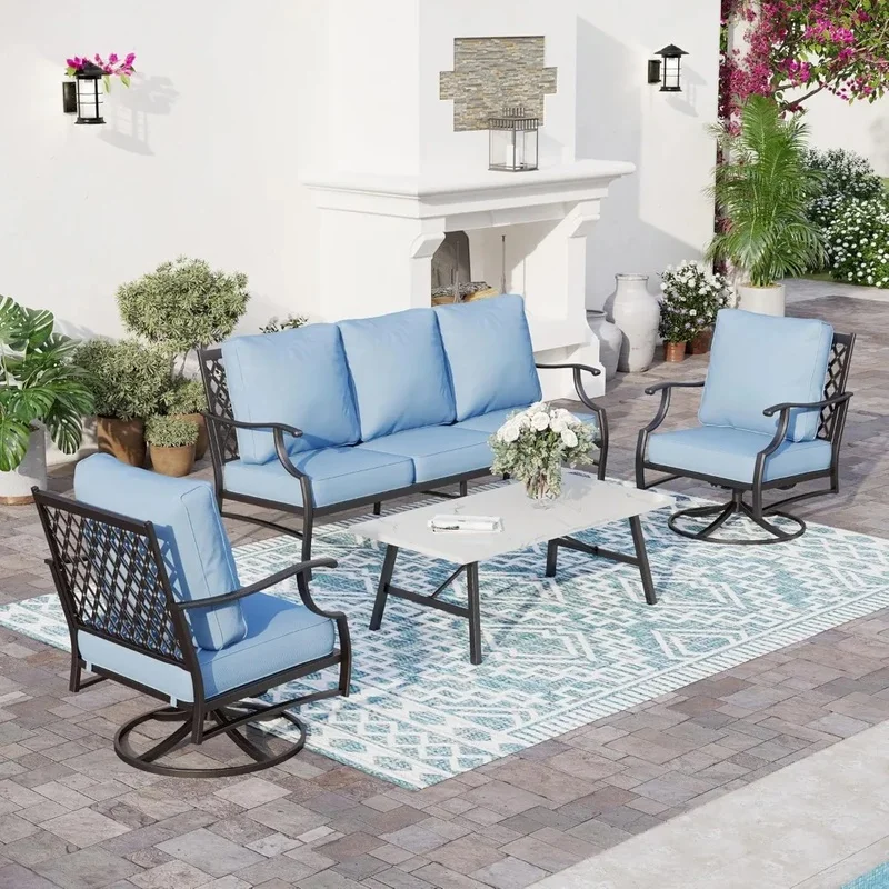 

Outdoor Patio Furniture Set with 2 Swivel Chairs, Extra Thick 5.75" Cushions, and Coffee Table – Metal Frame for Backyard Use