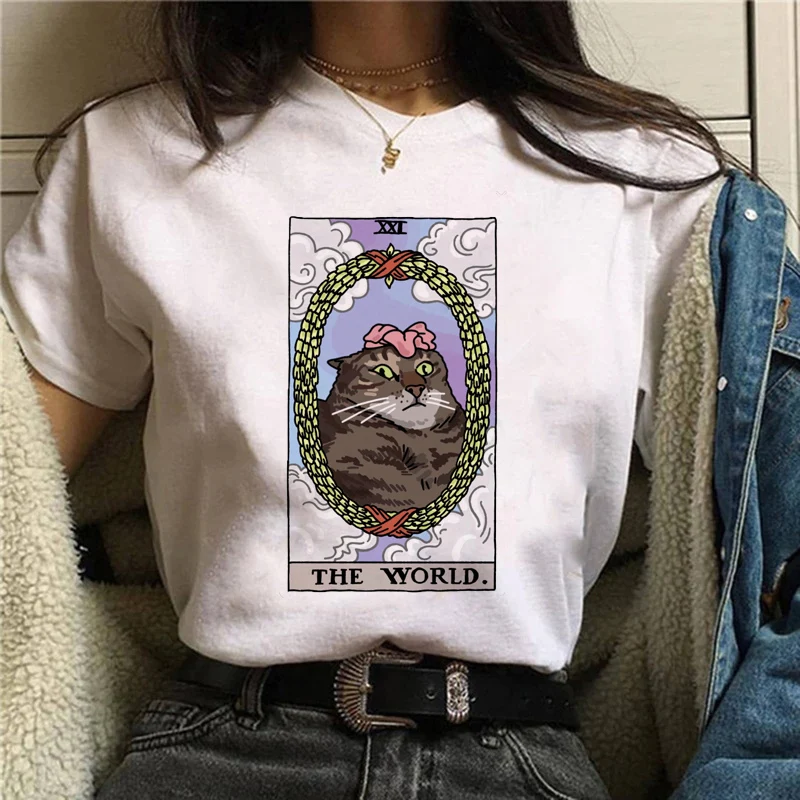 

Women Tarot Cat Print Tshirt 90s Tshirt Trend Cartoon Summer Fashion Print Short Sleeve Lovely Clothes Tops Tees Tshirt T-Shirt