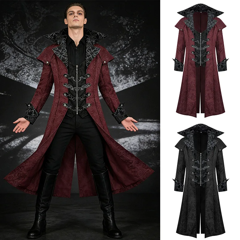 

Винтажная темная куртка, готическая одежда 2026, бордовый средневековый жаккардовый тренчкот для мужчин, костюм для Хэллоуина и косплея