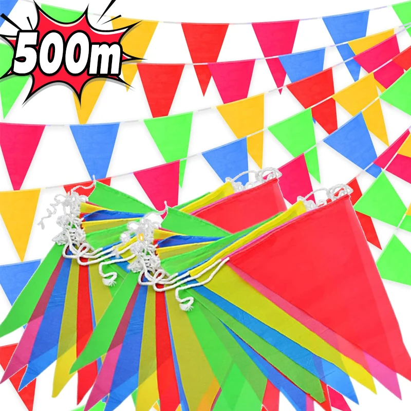 Banderín de cuerda multicolor de 50-500M, bandera triangular, Festival interior y exterior, celebración de boda, decoración colgante, banderines
