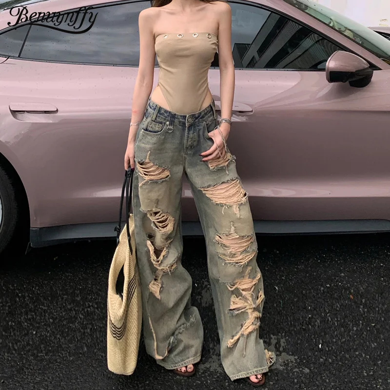 

Benuynffy American Streetwear Loose Ripped Jeans Women's Fashion Bf Style Retro High Waist Straight Wide Leg Denim Pants New