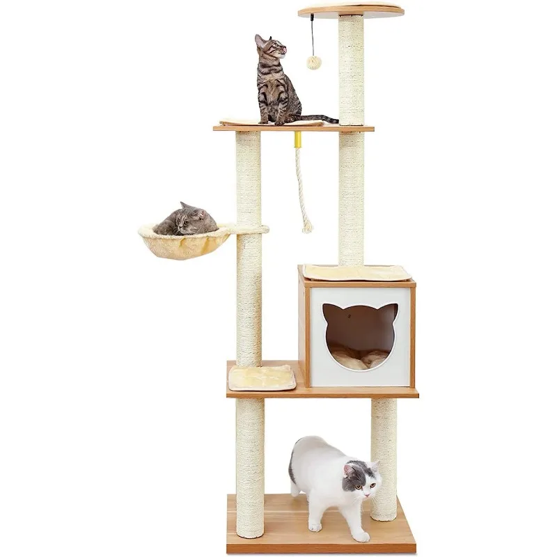 

65" Tall Wood Condo Cat Tree Tower with Hammock, Scratching Post and Removable Pads