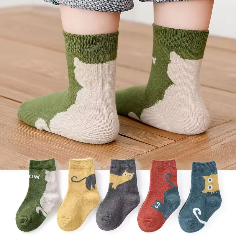 5 Pairs Baby Socks Spring & Fall Cartoon Kitten Winter Mid-tube Kidsren's Socks Boys and Girls Kidsren's Socks
