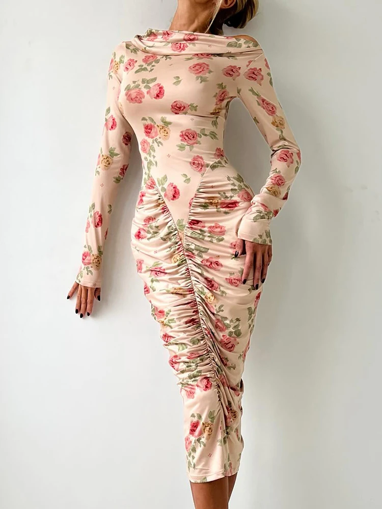 

Blifanbo Sexy Flower Print Mid-dress Women Autumn Elegant Pleated Long Sleeve Bodycon Fashion Patchwork Female Print Long Dress