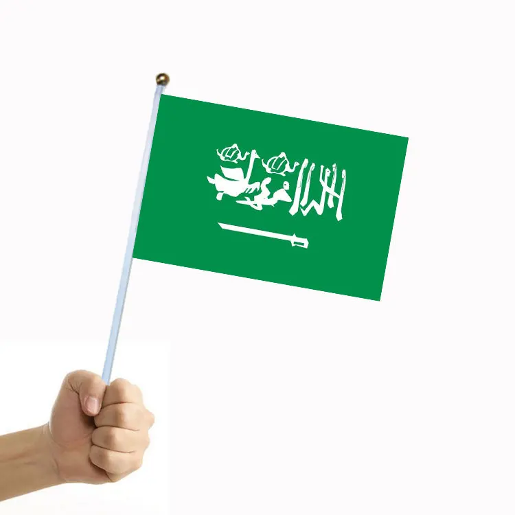 

50/100Pcs Saudi Arabia Flag Hand Held Flags with Flagpole, Polyester, 14*21cm Saudi Arabian Flags for Paris Opening Ceremony