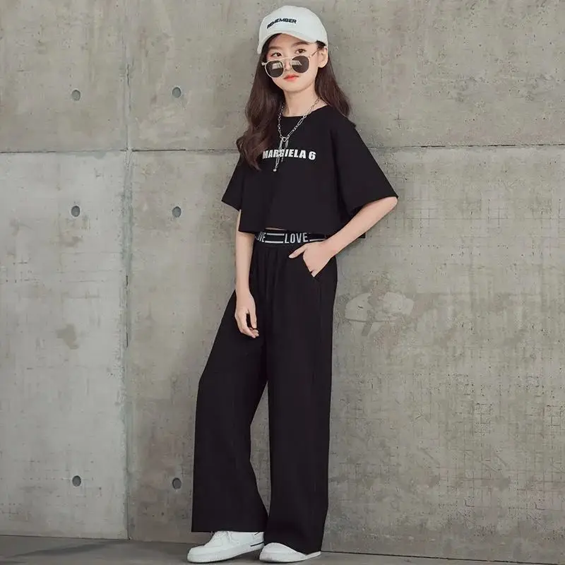 2025 summer Kids tracksuit Children Girls Clothes letter crop top T-Shirt + wide leg Pants Suit Teenager 6 7 8 to 10 11 12 year