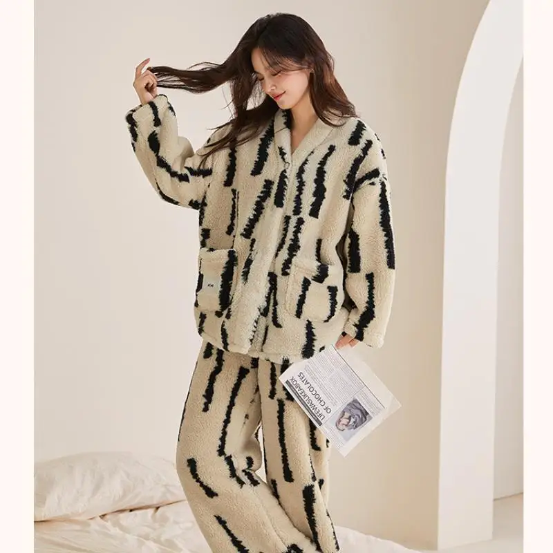 Pijamas de mujer Otoño Invierno polar coral ropa de dormir cómoda gruesa de manga larga conjunto de pijama de algodón traje de franela ropa de casa