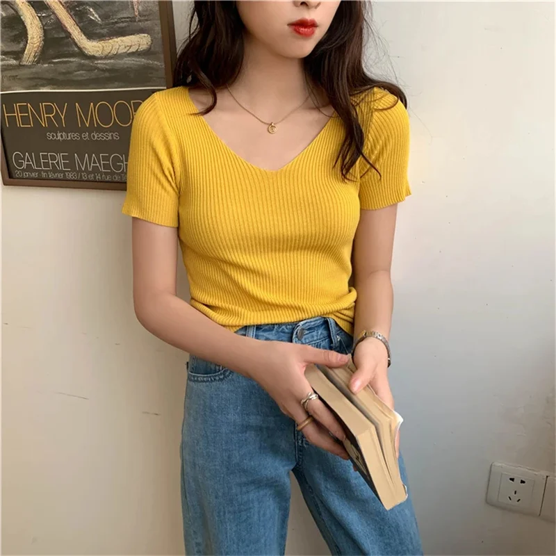 Basic V-neck Solid Thin Summer Pullover Women Female Knitted Ribbed Sweater Slim Short Sleeve Bodycon Sweater