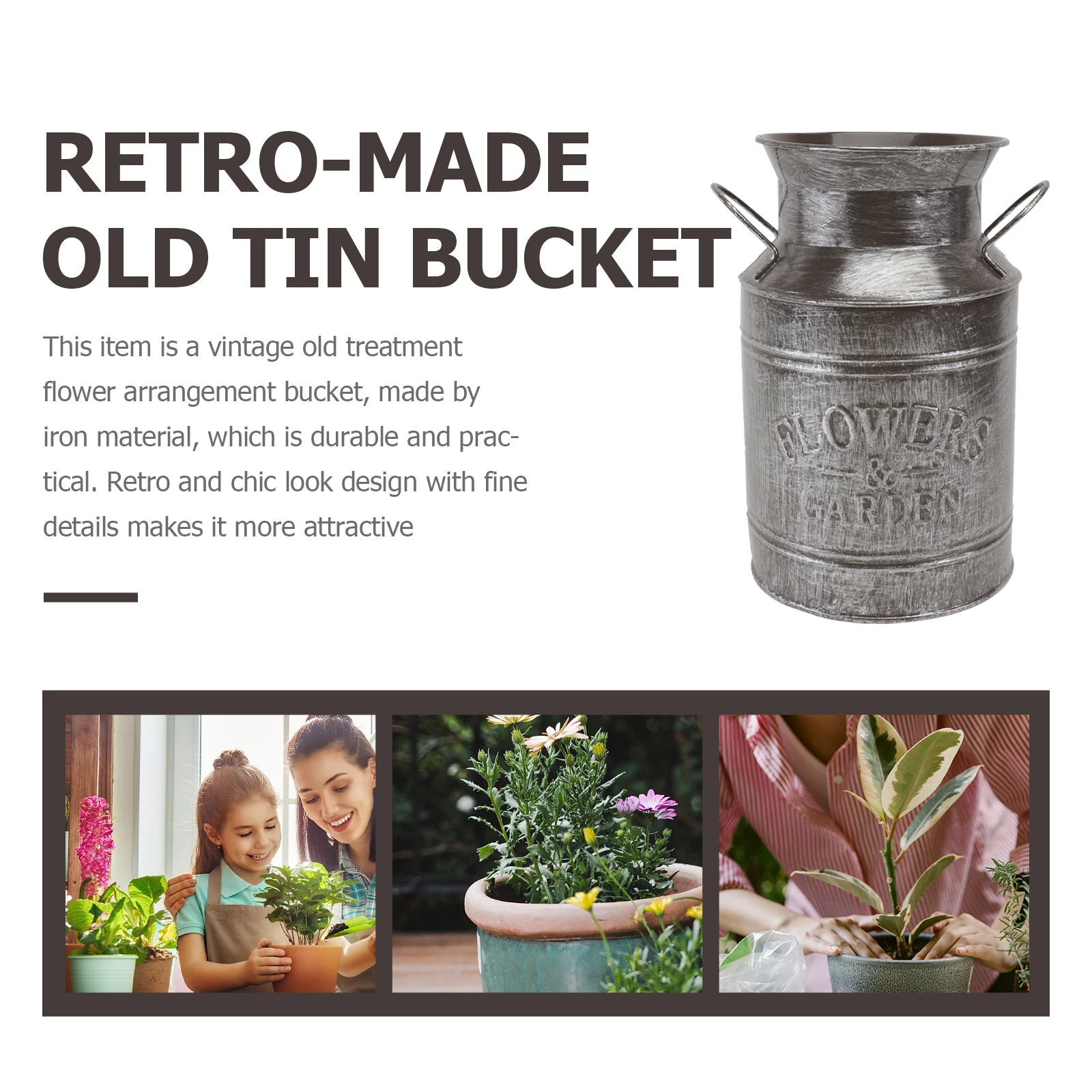 

Tin Bucket Container Retro Iron Vases Silver Decorative Flower Bucket Vintage Home Office Decor Plant Pot Dry Flower