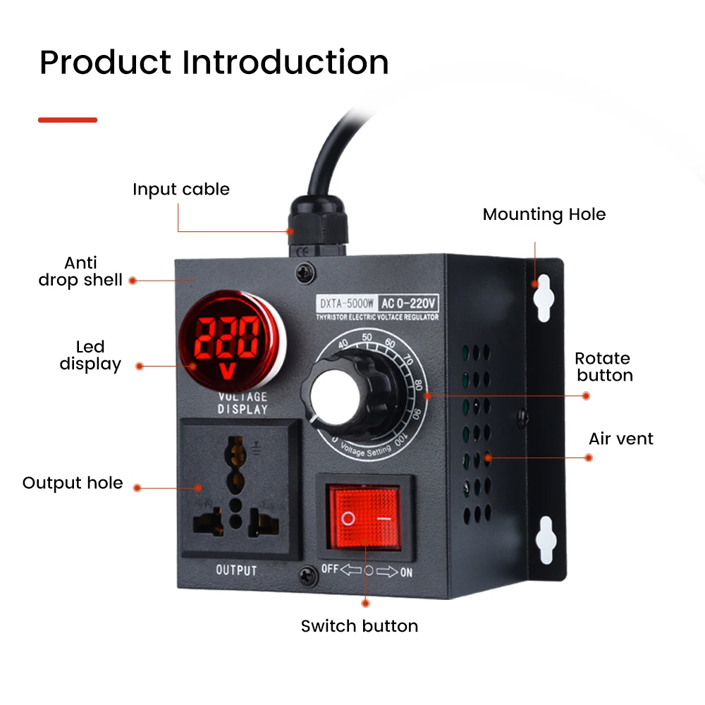 5000W Stepless AC110V/220V Single Phase Voltage Regulator Controller Speed Temperature Dimming Prevent Surge Peak