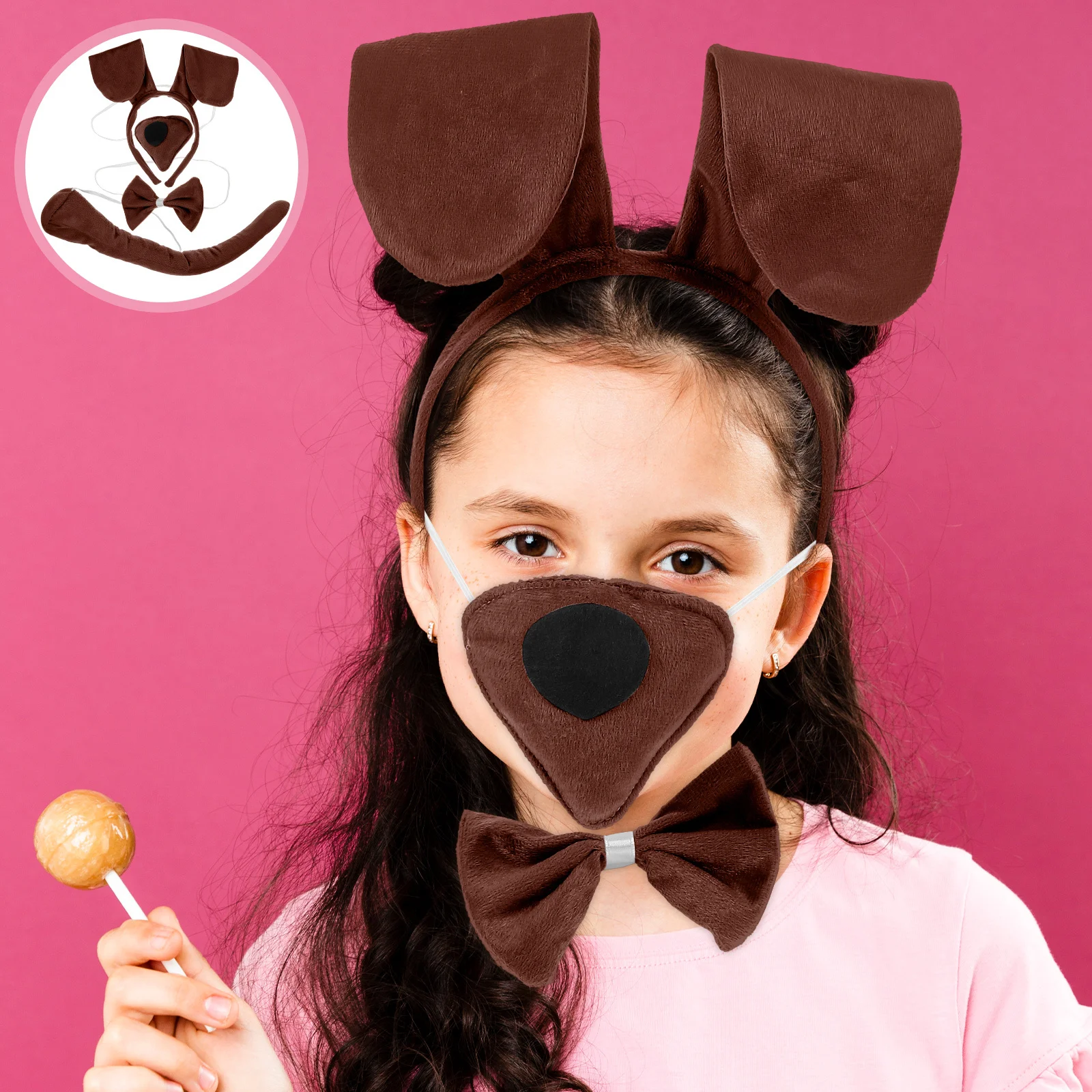 

1Set Puppy Costume Set Realistic Dog Ears Headband Nose Tail Bow Tie Halloween Dress Up Puppy Costume for