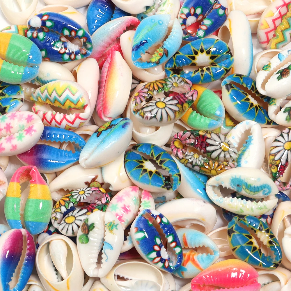 10pcs/lot  13-20mm Multicolor Printing Seashells Cowrie Conch Beads Sea hells Charms For Jewelry Making DIY Crafts Handmade