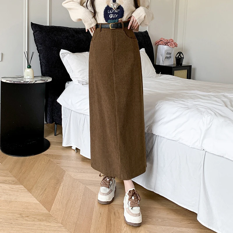 

2023 New Autumn Winter Corduroy Long Skirts Womens Fashion High Waist Straight Skirt Ladies Retro Temperament Midi Skirts