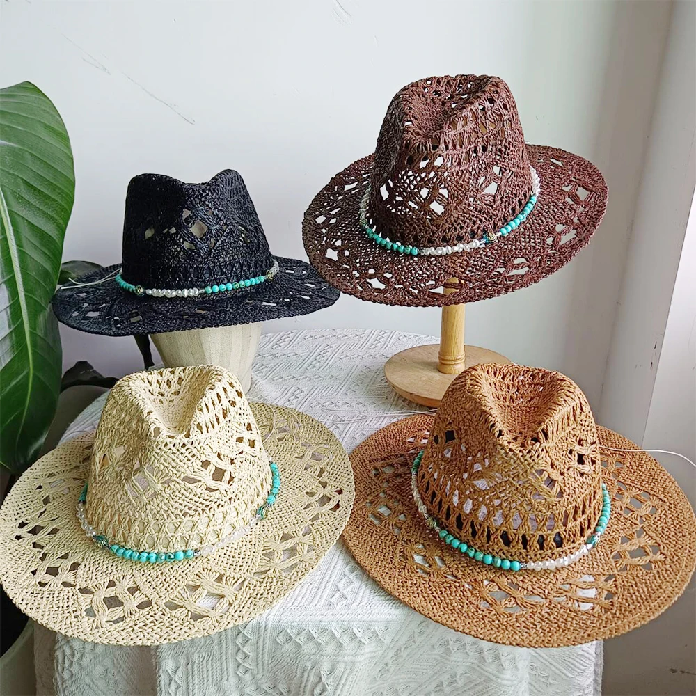 Bohemian straw hat men and women beach hollow hat turquoise decoration wide brim European and American style sun hat straw hat